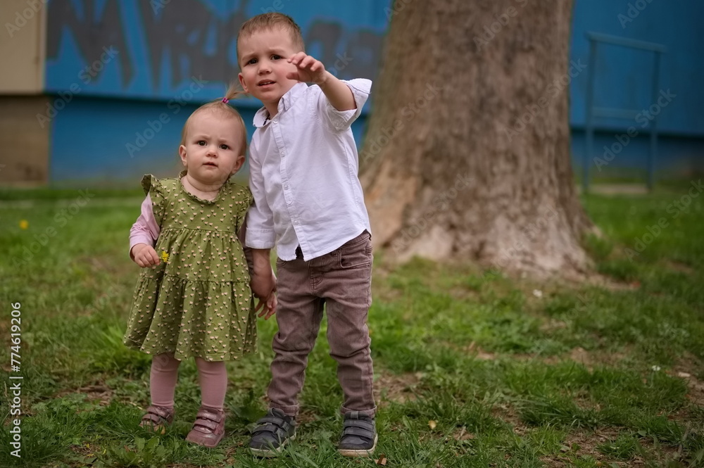 Fototapeta premium Little brother and sister standing in the park