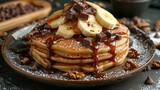   Stack of pancakes with chocolate syrup, sliced bananas, chopped pecans, and walnuts