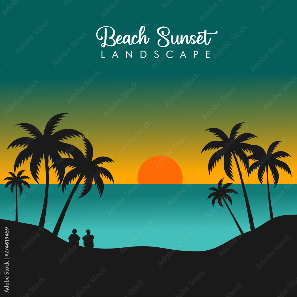 beach sunset vector illustration summer background silhouette with colorful tropical ocean sky