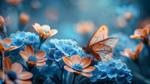  Butterfly on Blue and Orange Flowers against Sky Background