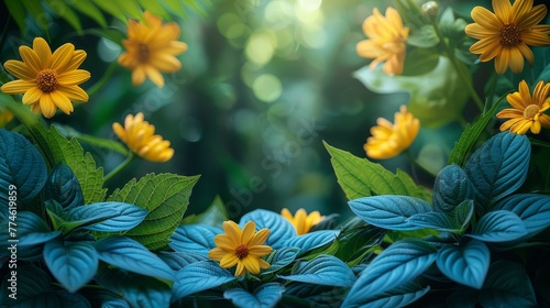   A cluster of vibrant yellow and azure blooms with lush emerald foliage in the foreground and a fuzzy background