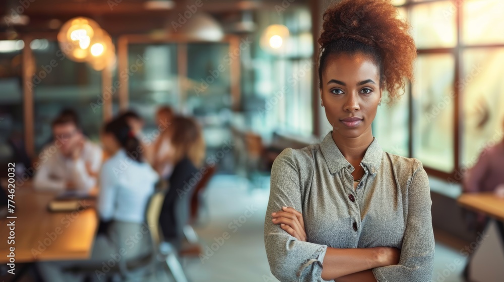 Obraz premium Portrait of young stylist designer African American female businesswomen looking camera sitting in meeting room running business startup, modern home office laptop computer or co-working space