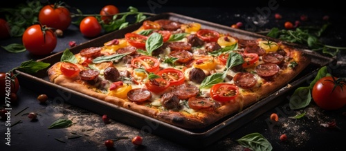 Close-up view of a delicious pizza topped with fresh tomatoes and savory sausage on a baking pan