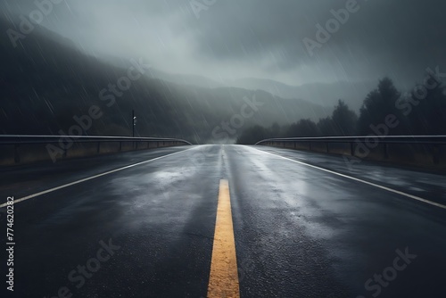 Night road in the desert with dark stormy sky and road markings