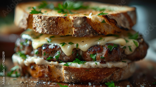  Rustic Gourmet Sandwich with Juicy Steak and Melted Cheese, Artisan Bread photo