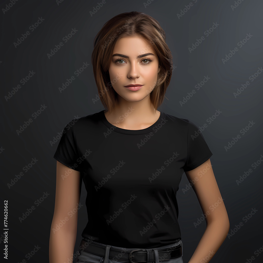 A photorealistic mockup of an attractive woman with short brown hair wearing a black t-shirt, front view, against a dark grey background A photorealistic mockup of an attractive woman with short brown hair wearing a black t-shirt, front view, against a dark grey background