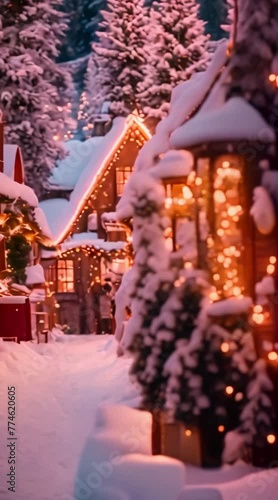 Vibrant snowy Christmas scenery, Christmas village with winter market and big Christmas trees, snow, snowflakes, cozy lights, happy people, 4K.mp4