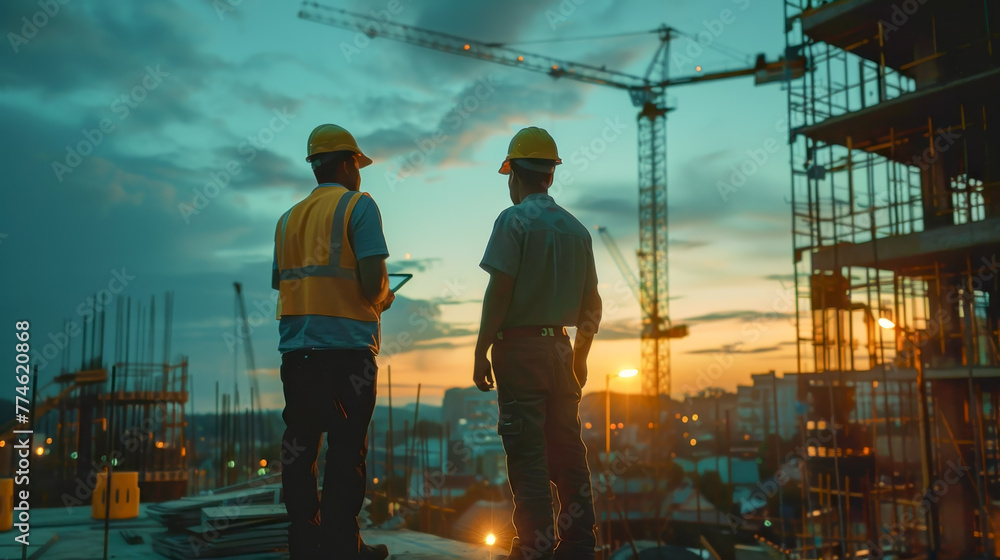 Engineer and foreman worker supervising progress of construction project at construction site. Engineer and foreman worker supervising progress of construction project at construction site.