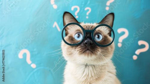 Curious and perplexed cat has a lot of questions, confused cat student, study learning education concept.