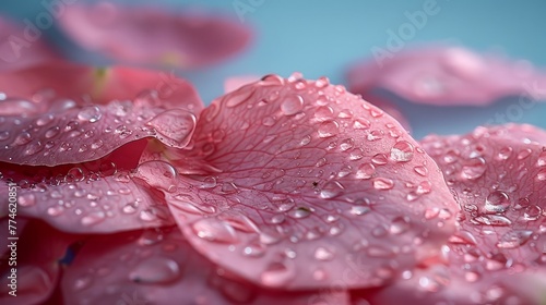   Pink flower with water droplets on a blue background  featuring blue sky