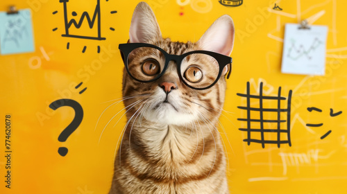 Curious and perplexed cat has a lot of questions, confused cat student, study learning education concept.