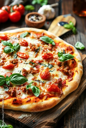 Delicious Homemade Margherita Pizza Topped With Fresh Basil and Tomatoes on a Wooden Table