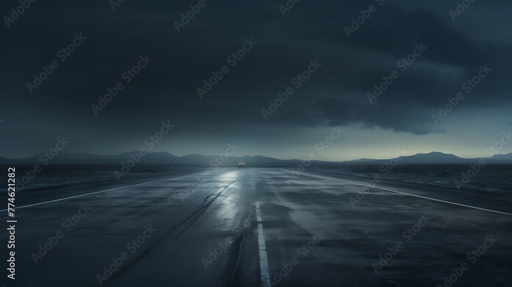 Night road in the desert with dark stormy sky and road markings