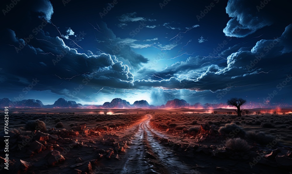 Dirt Road Crossing Desert Under Cloudy Sky - obrazy, fototapety, plakaty 