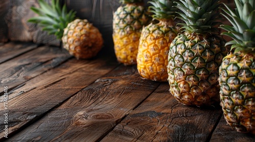  A group of pineapples arranged on a wooden table beside each other on a wooden floor