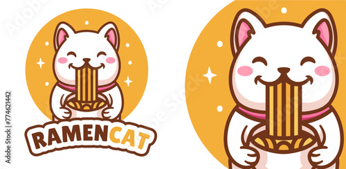 Clip art  icon  cartoon mascot  coloring book with a cat and ramen