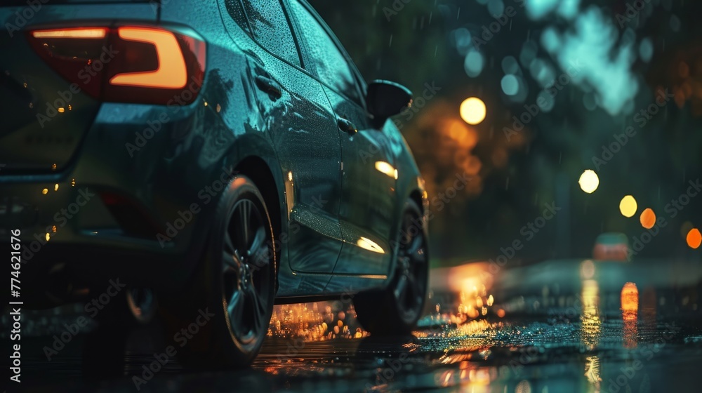 A green car parked on wet pavement under streetlights in the rain at night