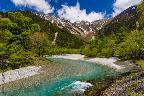 River Azusa flowing through the Kamikochi valley with snowy peaks (Kamikochi, Japan)