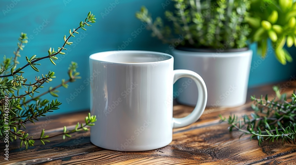   Two white coffee mugs atop wooden table beside potted green plant