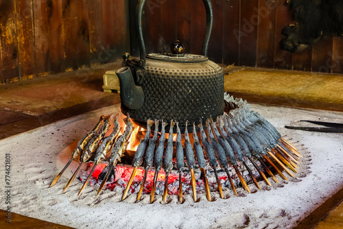 Fresh fish (Iwana) cooking over a wooden fire in a Japanese mountain hut photo