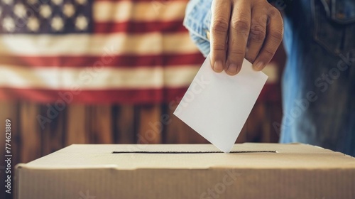 A person is seen putting a voting paper into a ballot box against the background of the USA flag photo