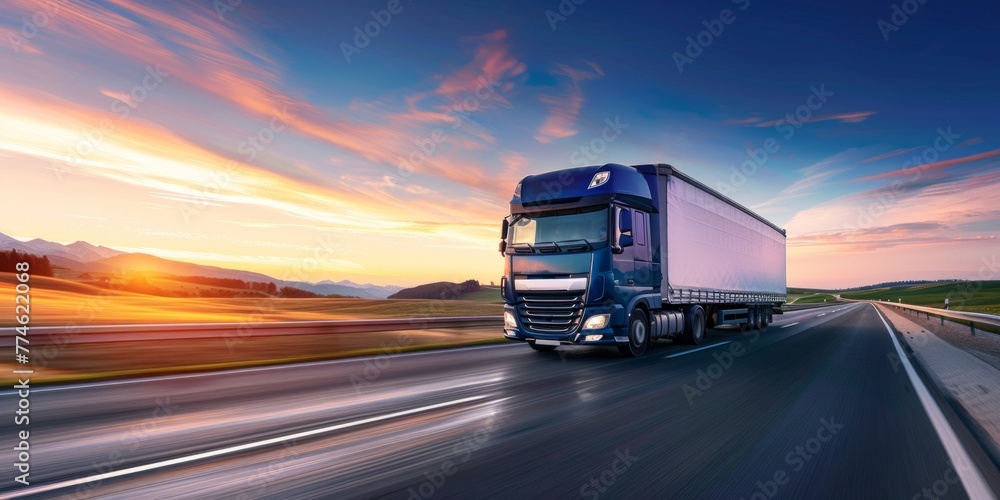 A modern semi truck speeds down a highway against a setting sun, casting long shadows on the road