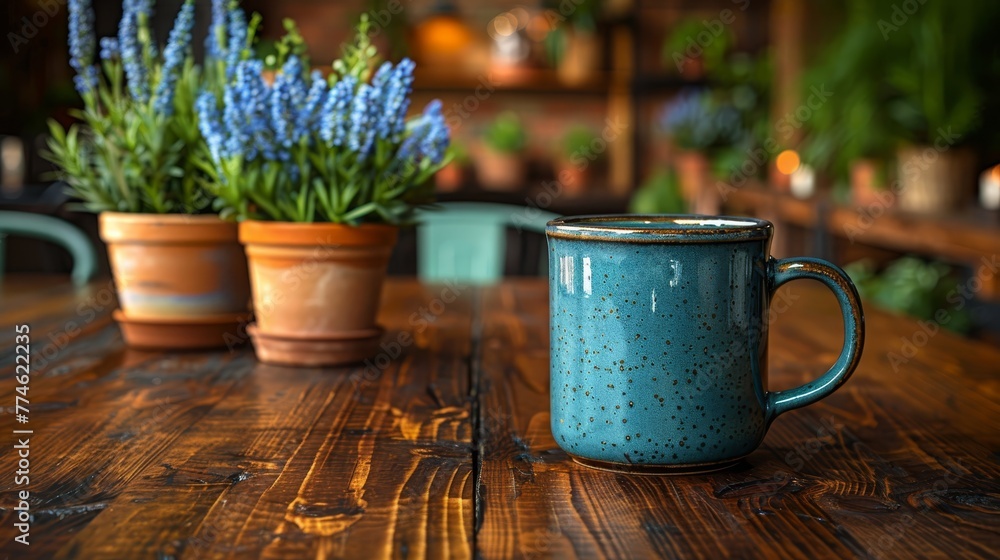   A blue coffee mug rests atop a wooden table, surrounded by two green potted plants