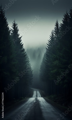 Foggy road in the pine forest, long exposure shot