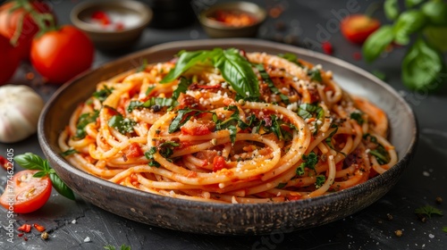  A bowl of spaghetti with tomatoes and basil, captured closely The dish is placed on a table alongside garlic and more tomatoes