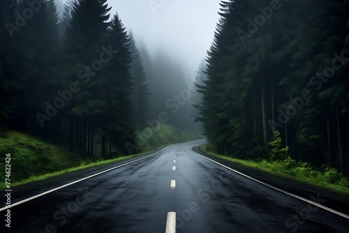 Foggy road in the forest with trees and fog in the background