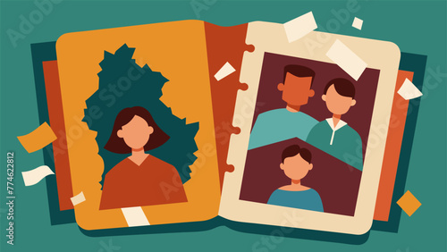 A photo album with old pictures torn and ripped symbolizing the s and scars of past conflicts within a family.