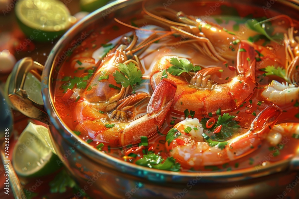 Experience the fiery goodness of spicy prawn soup, a tantalizing Thai dish bursting with bold flavors and succulent seafood.