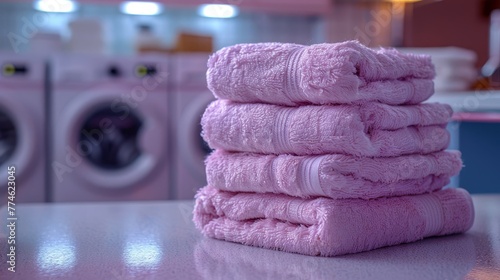  A stack of pink towels sits on a counter, near washers and dryers