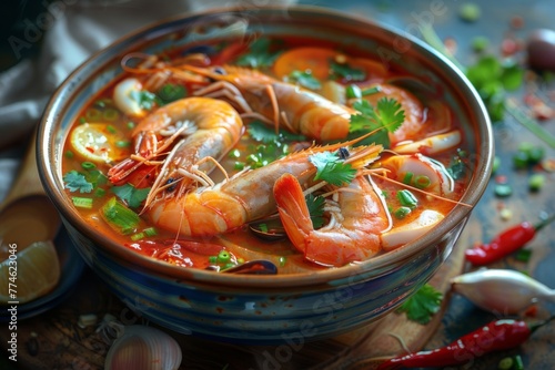 Experience the fiery goodness of spicy prawn soup, a tantalizing Thai dish bursting with bold flavors and succulent seafood.