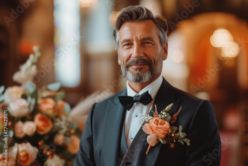 Middle-aged man groom dressed in a stylish tuxedo for a wedding or special occasion in a church