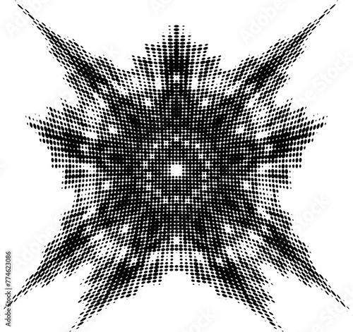 Halftone concave dot mandala with central recess, floral and pointed. Vector.