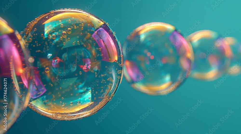   A cluster of bubbles suspended adjacent to one another against a backdrop of azure and emerald, with additional bubbles drifting in the atmosphere