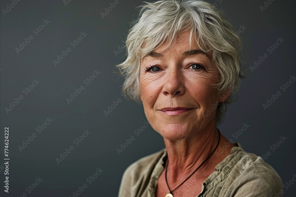 Portrait of a smiling senior woman with grey hair against grey background Portrait of a smiling senior woman with grey hair against grey background