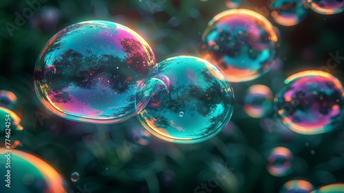  Soap bubbles float on a green-blue field amidst trees and sky