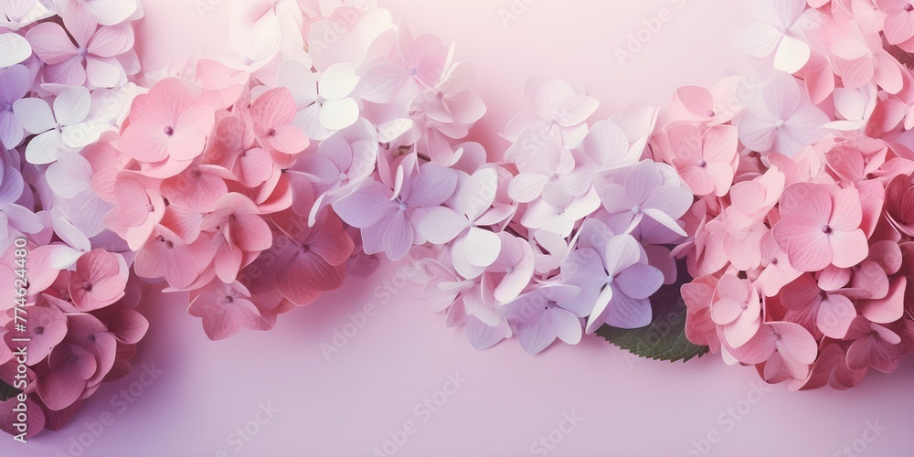 Pastel pink copy space background with white purple and pink Hydrangea flowers, wedding invitation wallpaper banner floral 