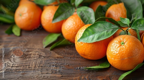   A collection of oranges arranged atop a wooden table surrounded by lush green foliage