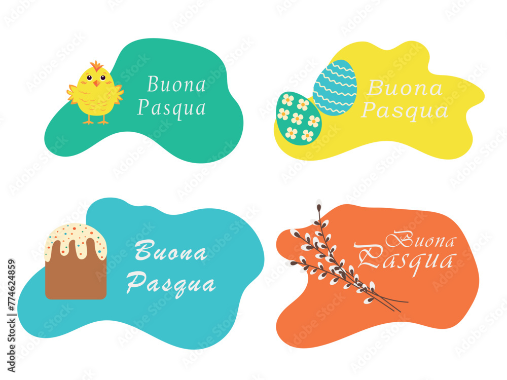 Set of Easter quotes on colored spots. Easter attributes, Easter eggs, chicken and willow in Italian