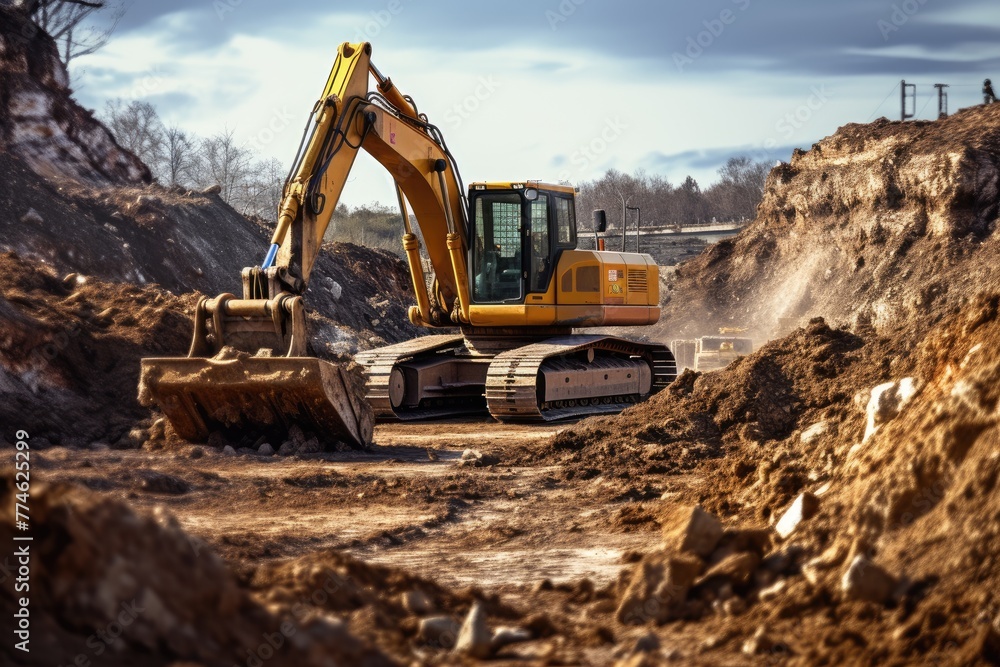 Heavy machinery digging up earth at a construction site, Backhoe digging up earth at building site in close up, AI generated Heavy machinery digging up earth at a construction site, Backhoe digging up earth at building site in close up, AI generated
