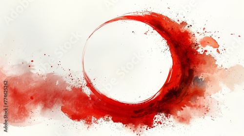   A painting depicts a red dot within a red circle, which is surrounded by a larger white circle photo