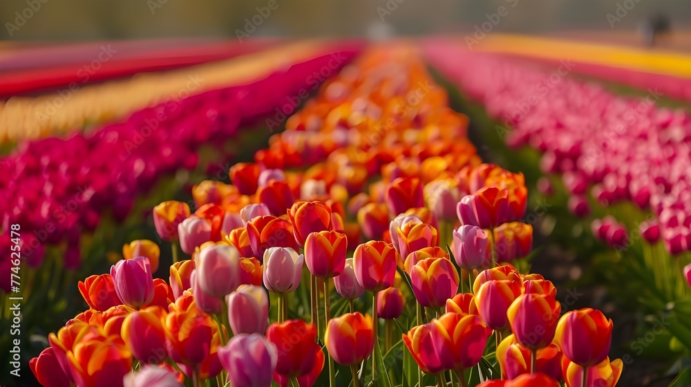 Tulip fields at the start of spring, Lisse, Netherlands, different color  Tulip Fields Zoom out to reveal endless rows spring background, ai generated  - obrazy, fototapety, plakaty 