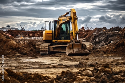 Heavy machinery digging up earth at a construction site, Close up of a digger digging foundation at construction site, AI generated