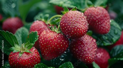   Close-up of strawberries on a leafy bush, with droplets of water on the foliage