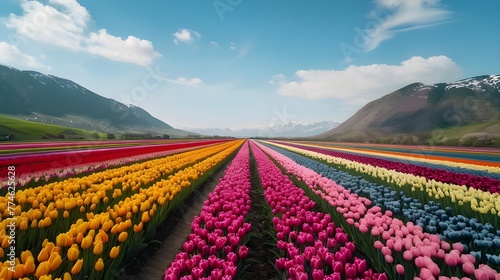 Tulip fields at the start of spring, Lisse, Netherlands, different color Tulip Fields Zoom out to reveal endless rows spring background, ai generated 