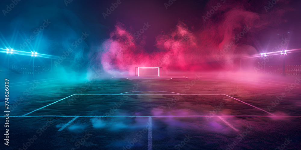 textured soccer game field with neon fog .  generative ai 