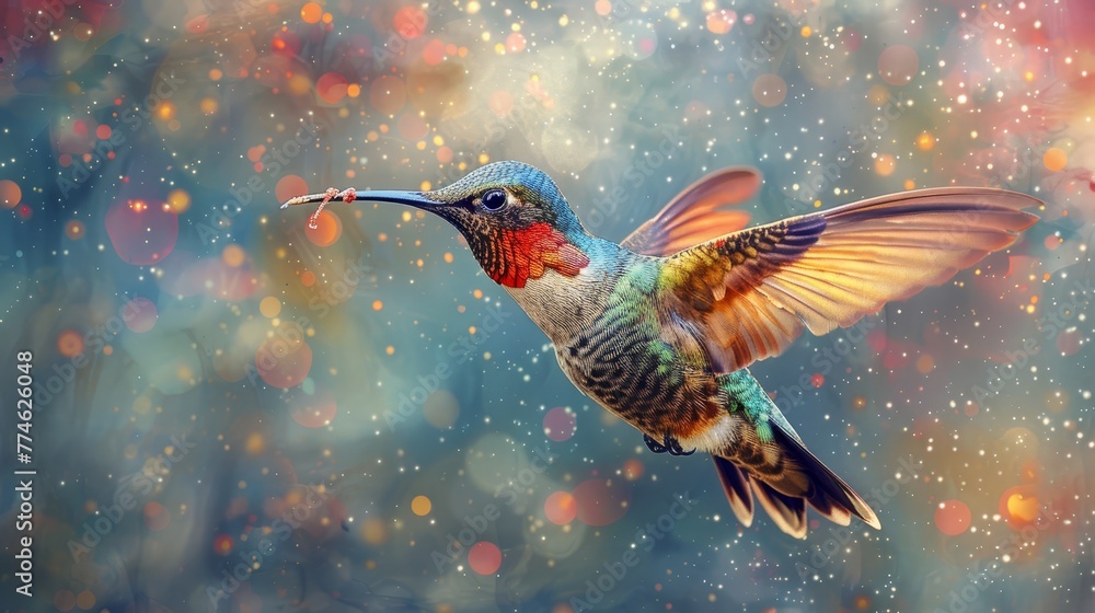   Hummingbird flying in clear air against a bright light bokeh background